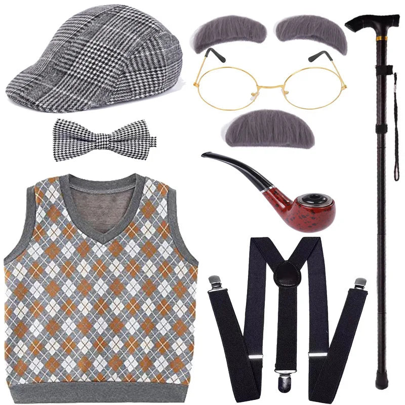 Halloween Children's Day Kids 100 Days Of School Costume For Boy Grandpa Vest Wig And Beard Granny Dress Up Props Carnival Party