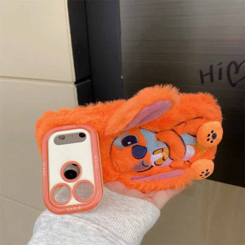 Plush Embroidery Stitch iPhone Case with Stand Furry Ears Cover for iPhone 13 17 Pro Max 16 15 Cute Shockproof Phone Accessories