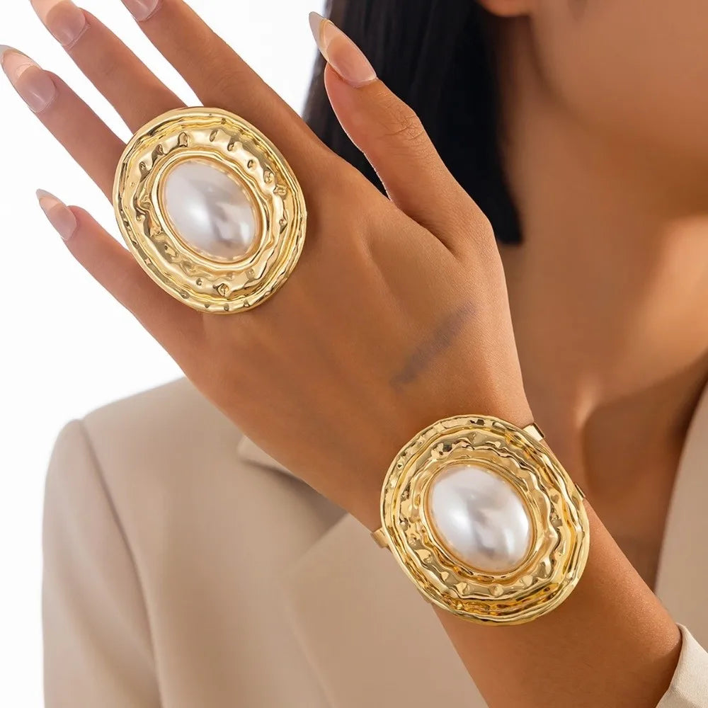 2pcs/set Exaggerated Bracelets Rings Set Irregular Geometric Jewelry Sets Gold Silver Color Elliptical Wide Bracelets