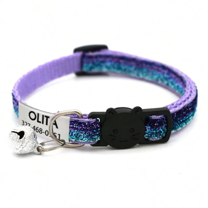 Customized Glitter Cat Collar with ID Tag Safe Breakaway Cats Collars Quick Release Cute Necklace Free Engrave For Cats Kitten