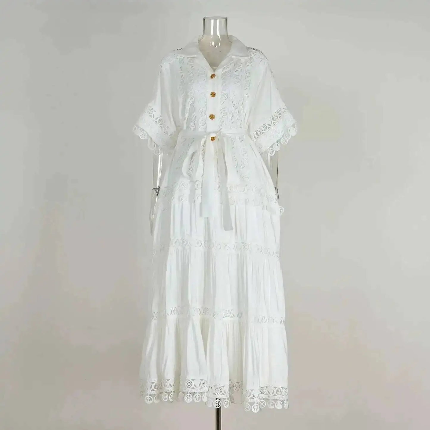 Luxury Long Maxi Dresses Shirt Women 2025 Summer Holiday Lace Embroidery Cotton Loose Big Size Hollow Out Wedding Dress White