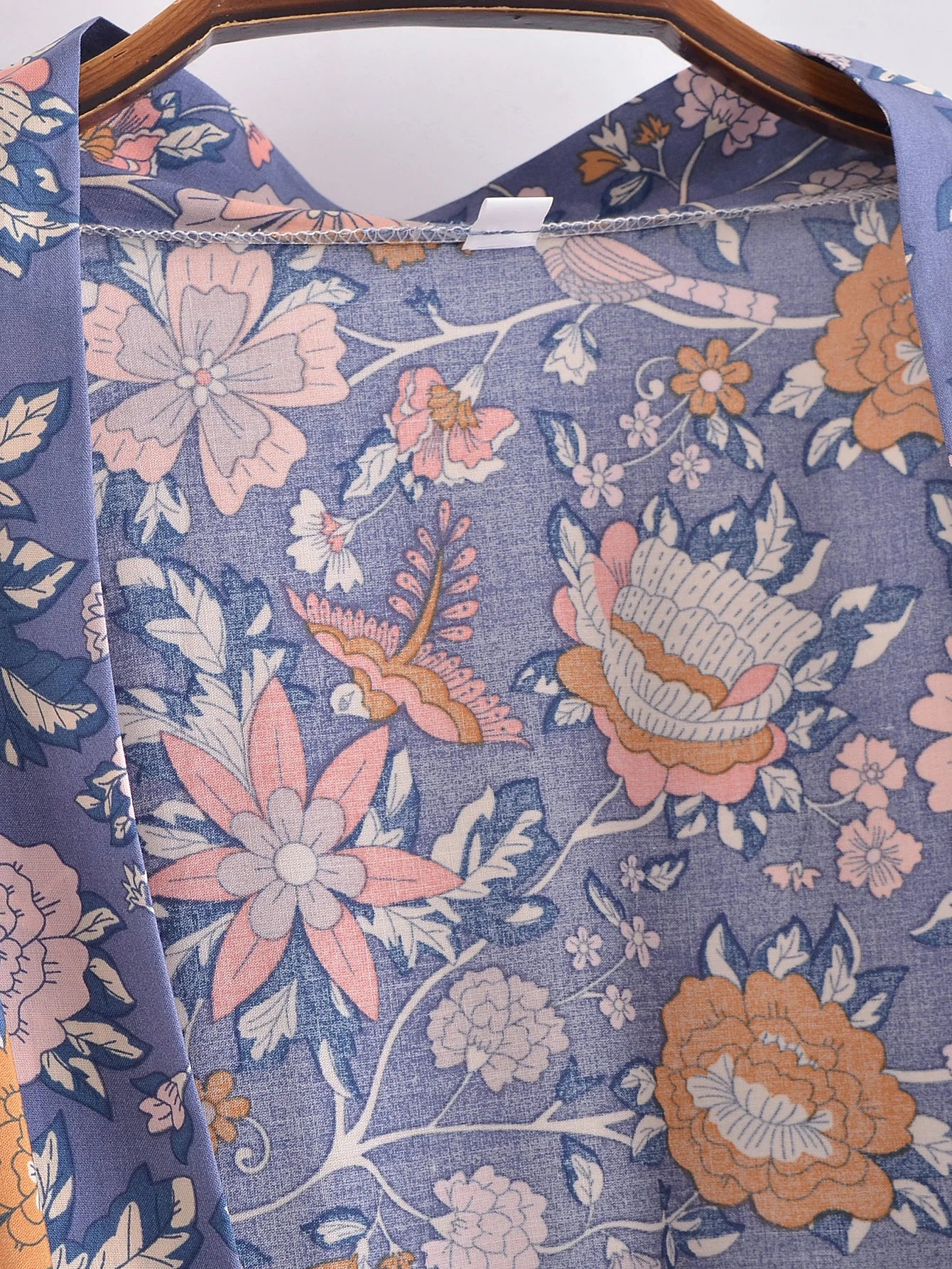 BOHO Women Blue With Pink Flower Print Kimono Shirt Holiday Tide Bow Sashes Mid Long Cardigan Summer Blouse Beach Cape