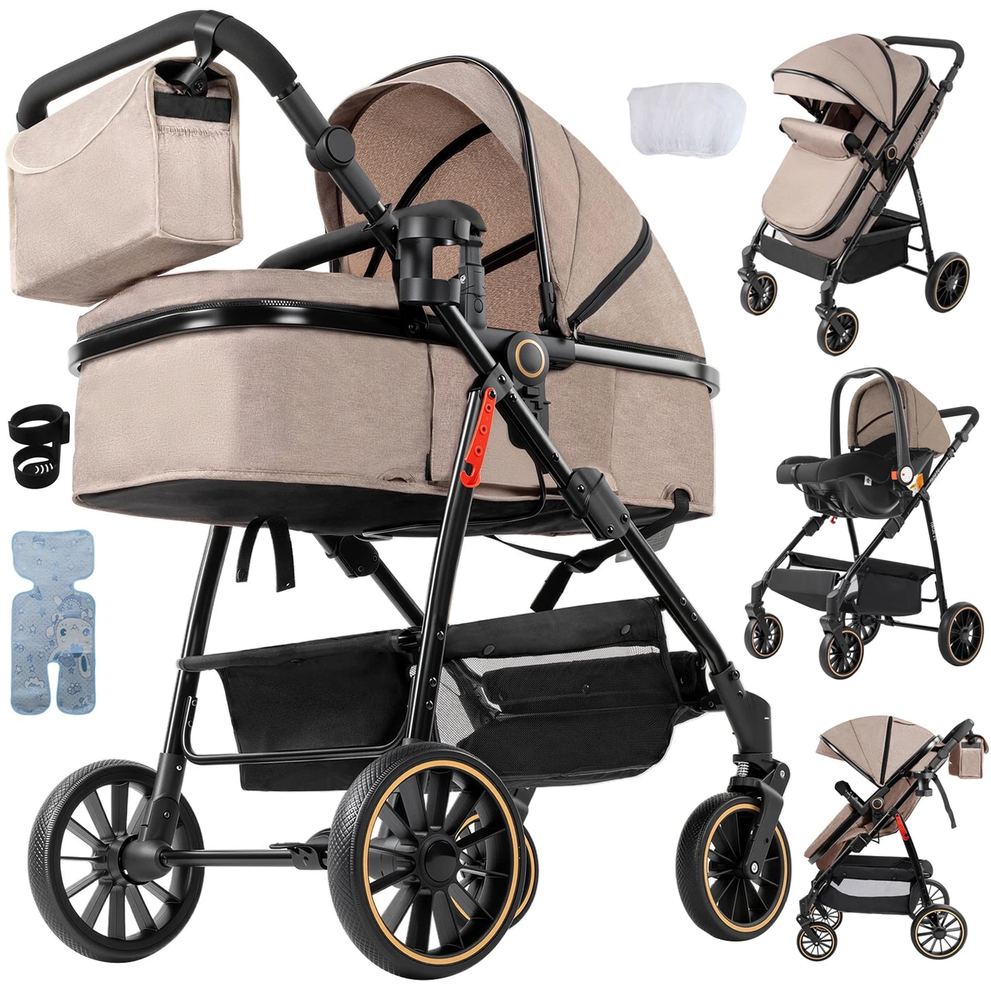 3-in-1 Baby Stroller with Bassinet & Car Seat Mode, 5-Point Harness, One-Hand Fold & Lightweight Design for Compact Storage