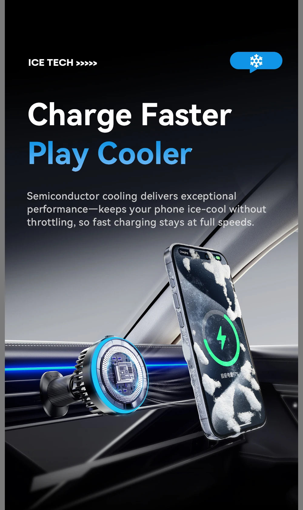 Essager Cooling Magnetic Car Wireless Charger 15W Fast Charging Station For Magsafe iPhone 16 Huawei 360° Roation Phone Holder
