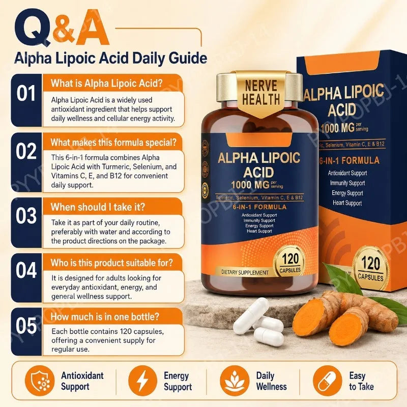 Alpha Lipoic Acid 6-in-1 Formula 1000mg, Turmeric Selenium Vitamins C E B12, 120 Veggie Capsules for Daily Wellness Support