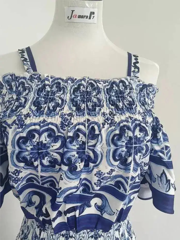 JAMERARY Summer Runway Blue White Porcelain Print Midi Dress Women's Straps Flare Sleeve Elastic Waist Cotton Floral Vestidos