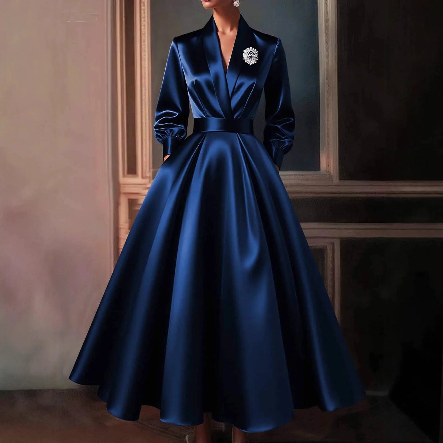 Elegant Women's Dress Sexy V Neck Long Sleeve Pleated Midi Dress Waisted Evening Party Dress Women's Long Dress Vestidos Robe