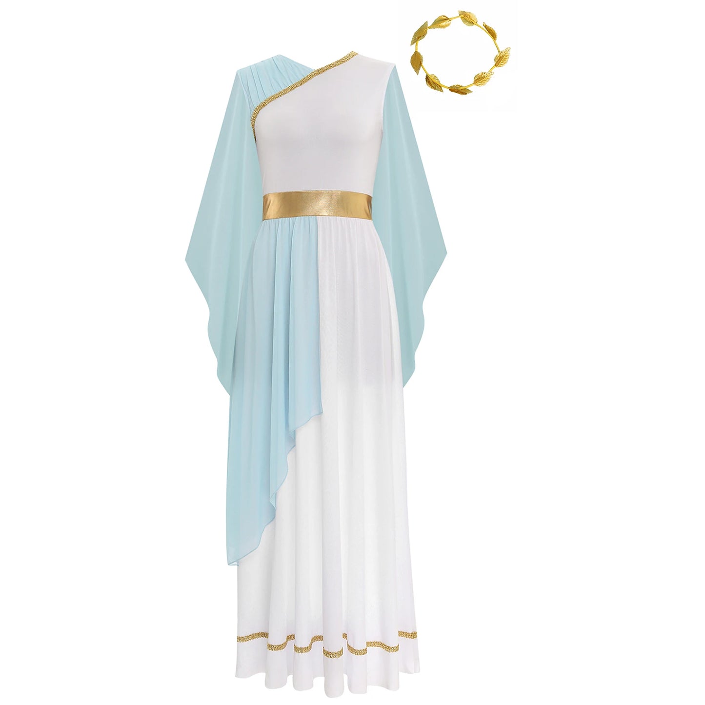 Womens Halloween Greek Beauty Carnival Cosplay Party Costumes Gold Leaves Garland Headwear And Cap Sleeve Ancient Toga Dress