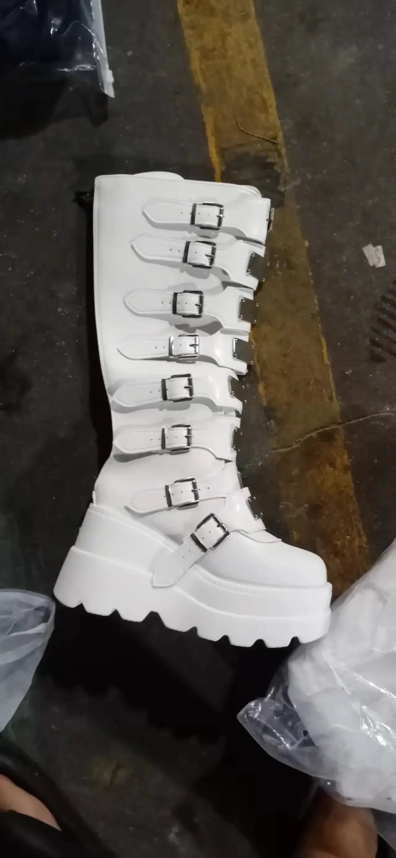 Flat Platform Zipper Women's Rubber Shoes Women Round Toe Knee High Boots Punk Motorcycles Boots Cosplay Cool Girls