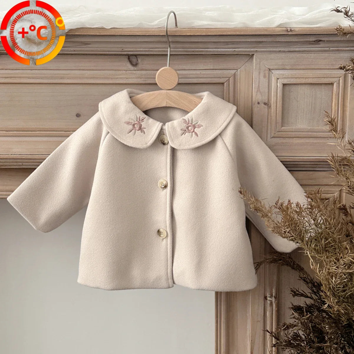 2026 Autumn Winter Baby Woolen Fabric Outerwear Sun Embroidery Collar Warm Coat for Infant Toddler Daily Jacket