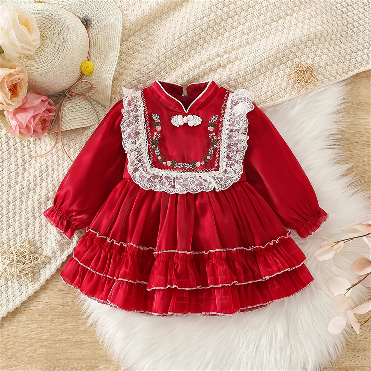 Girls' Dress Spring And Autumn Solid Color Flower Long Sleeved Baby Girl Dress Chinese Style One Year Old Baby Dress Baby Girl C