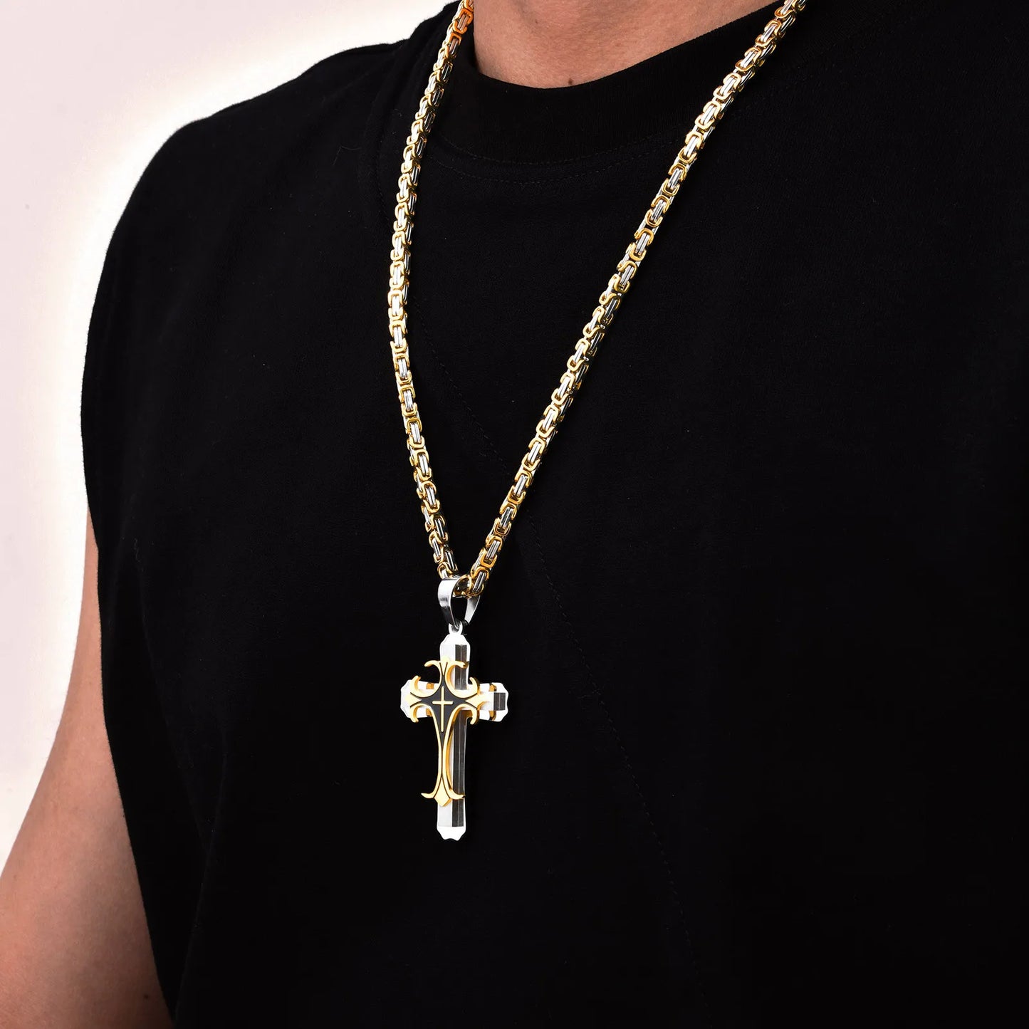 Mens Cross Pendant Necklace Sets,Two Tone Stainless Steel Byzantine Bracelets,Punk Jewelry Sets Gift to Husband Father Dad BBF