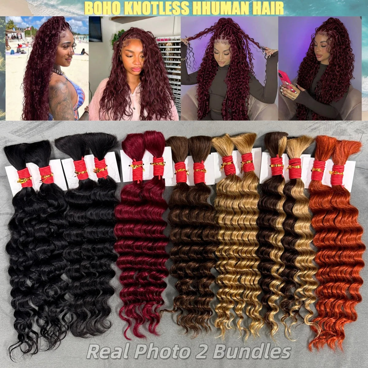 4/27# 99J# Colored Human Hair Boho Braiding Hair 50g/bundle Deep Wave Brazilian Human Braiding Hair for Black Women