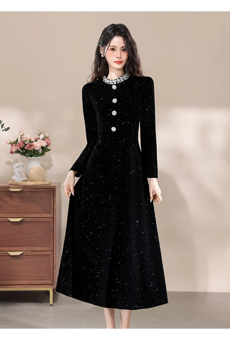 Formal Occasion Black Shiny Slim Long Evening Dress Women Clothes Elegant Luxury Lady Fashion Party Prom Birthday Vestids Retro