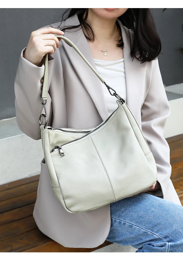 Women Full Grain Cow Leather Hobo Bag With Two Straps Multi Color Large Capacity Shoulder Crossbody Handbag