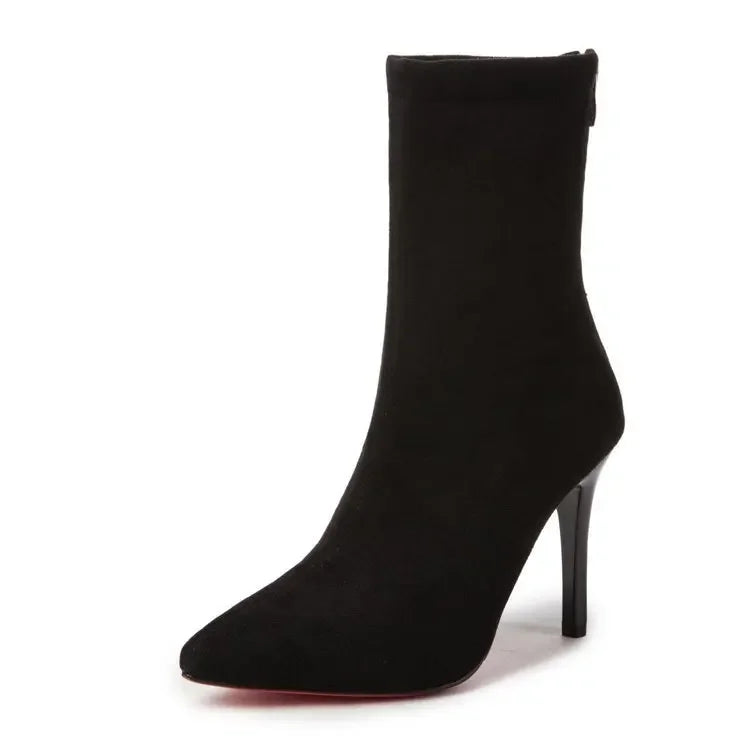 2024 Women Boots Short High Heels Shoes for Women Autumn Suede Imitation Leather Ankle Boots Black Sock Women Heels Boots Female