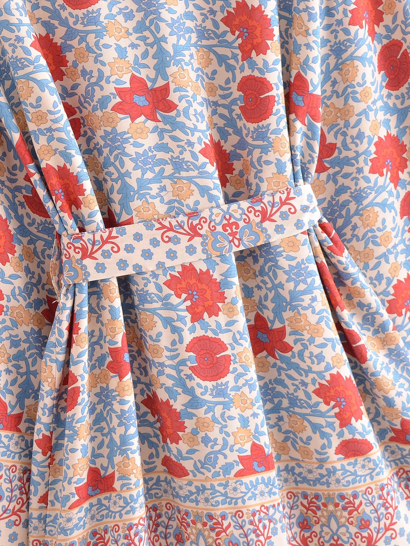 BOHO Women Blue With Pink Flower Print Kimono Shirt Holiday Tide Bow Sashes Mid Long Cardigan Summer Blouse Beach Cape