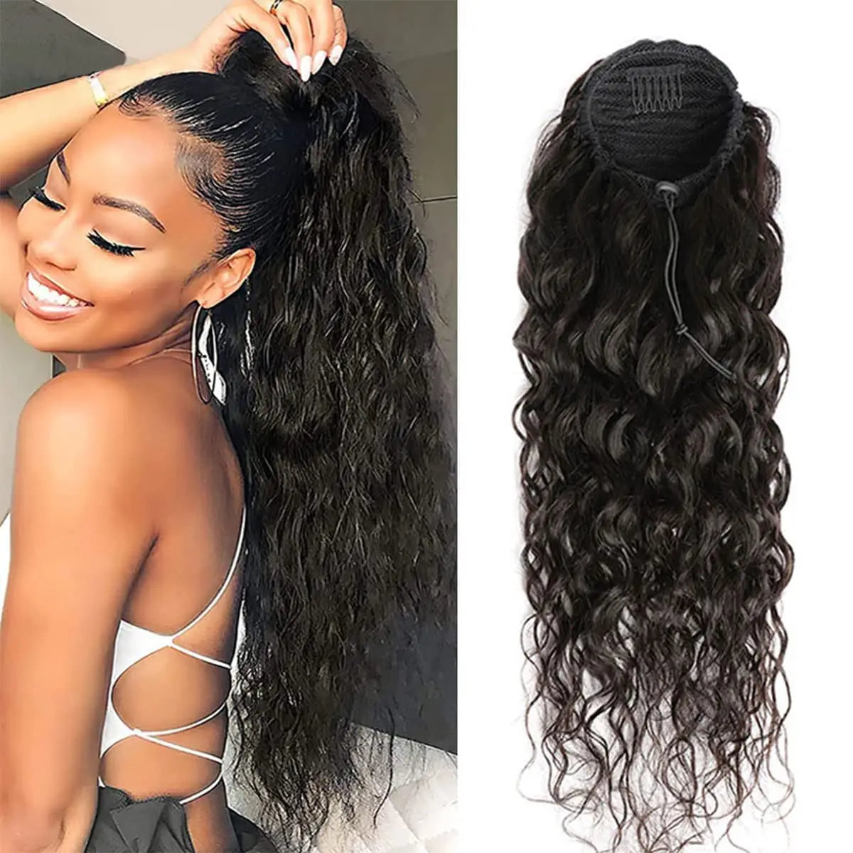 Water Wave Drawstring Ponytail Human Hair Extension 100% Real Human Hair Brazilian Remy Clip In For Women Ponytail Natural Color