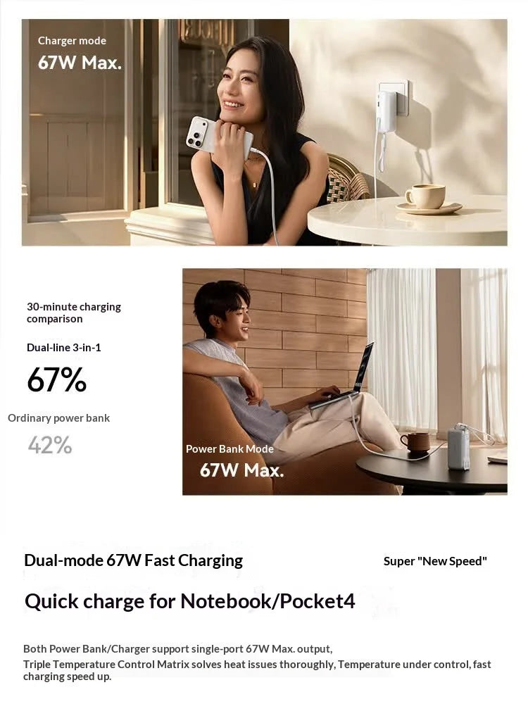 Baseus 67W Pro 3 In 1 Portable Power Bank Retractable Cable Charger 3C Certified Airline Approved For Smartphone 10000mah