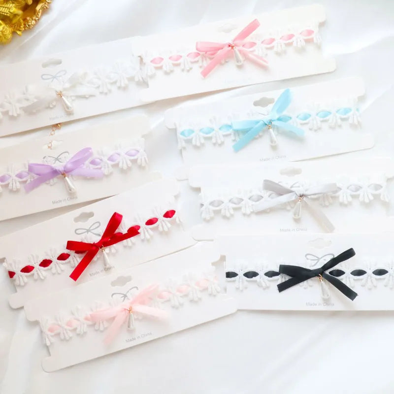 Women's Sexy Bow Lace Necklace with Pearl Drop Clavicle Choker in White Pink Black Purple - Elegant Lady Jewelry Gift