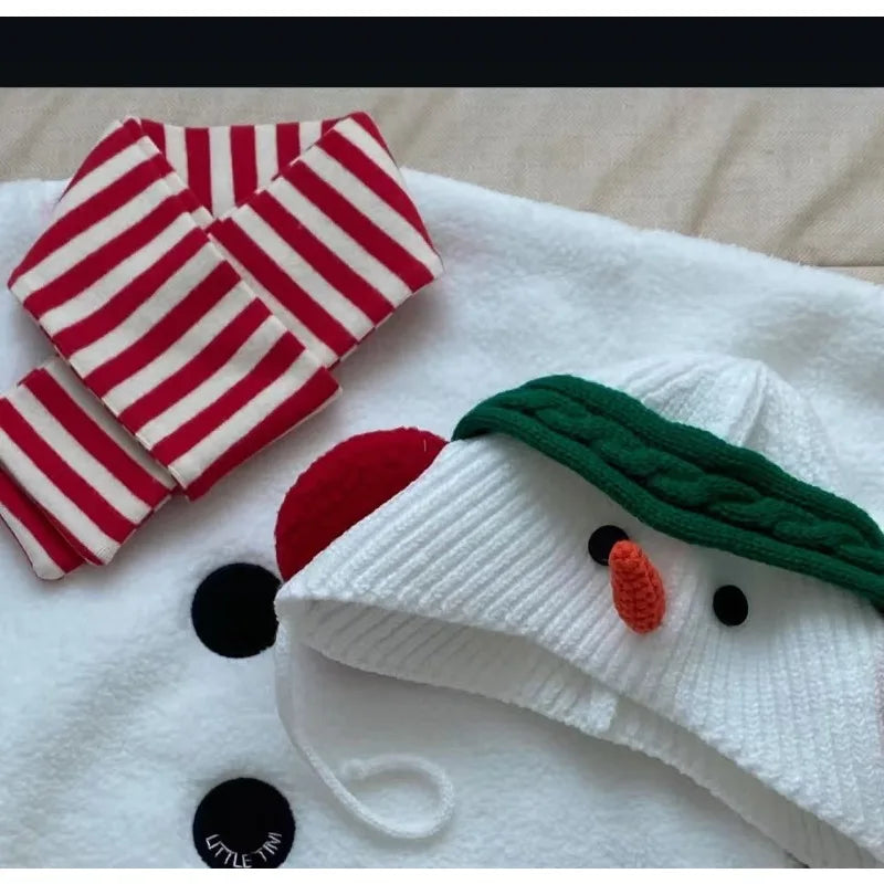 2025 New Christmas Onesie Baby Girls Boys White Fleece Warm Rompers Jumpsuit+Scarf+Cute Snowman Hat Toddler Xmas Outfits A8198