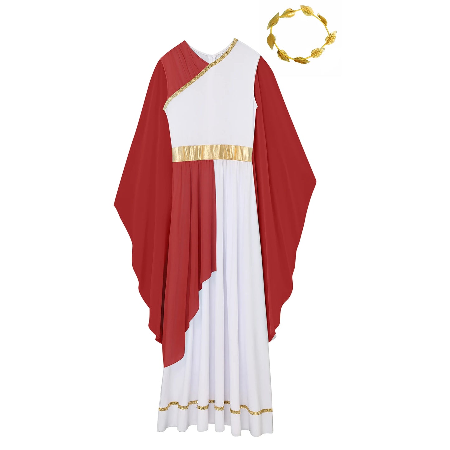 Womens Halloween Greek Beauty Carnival Cosplay Party Costumes Gold Leaves Garland Headwear And Cap Sleeve Ancient Toga Dress