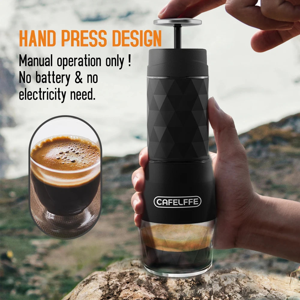 Cafelffe 3in1 Portable Coffee Machine Manual Espresso Maker For Capsule & Ground Milk Froth Hand Press Brewer hiking Travel Gif