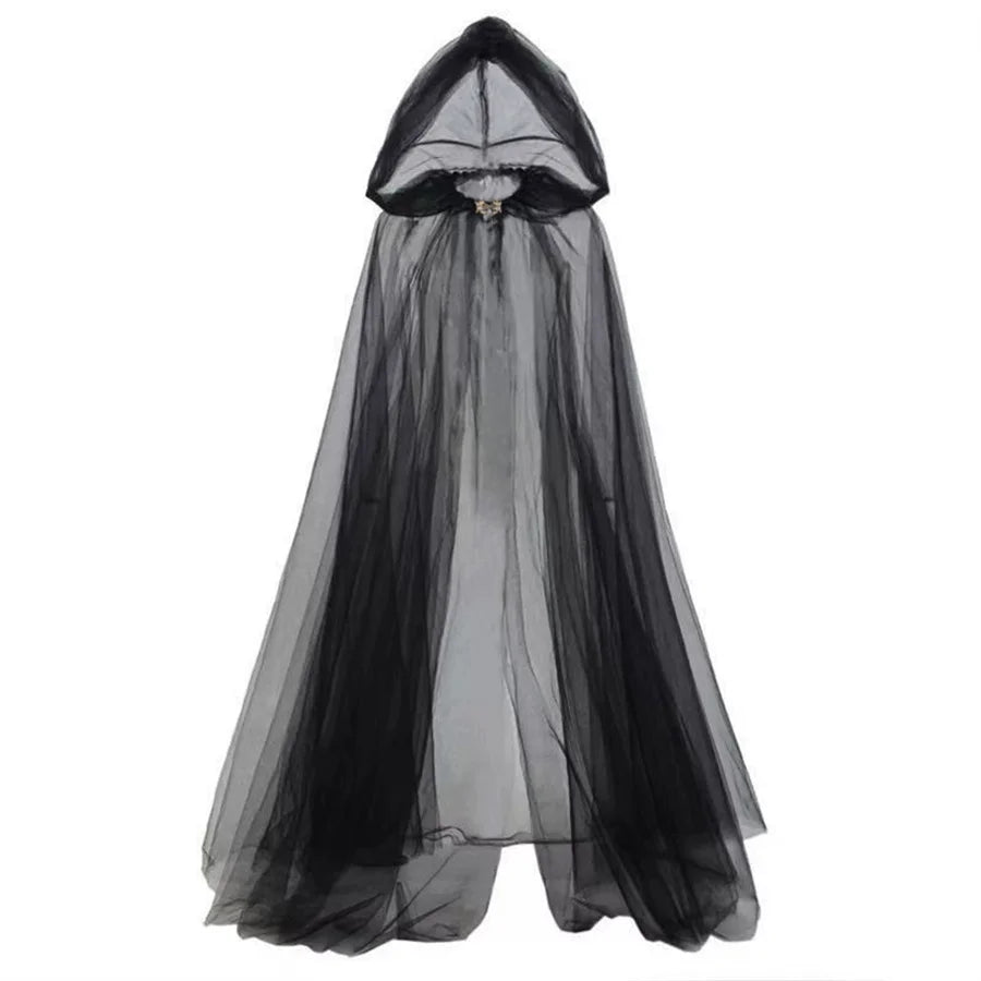 Halloween   cosplay - ghost costume with hooded cloak, death god witch net-like long dress, full-length performance outfit