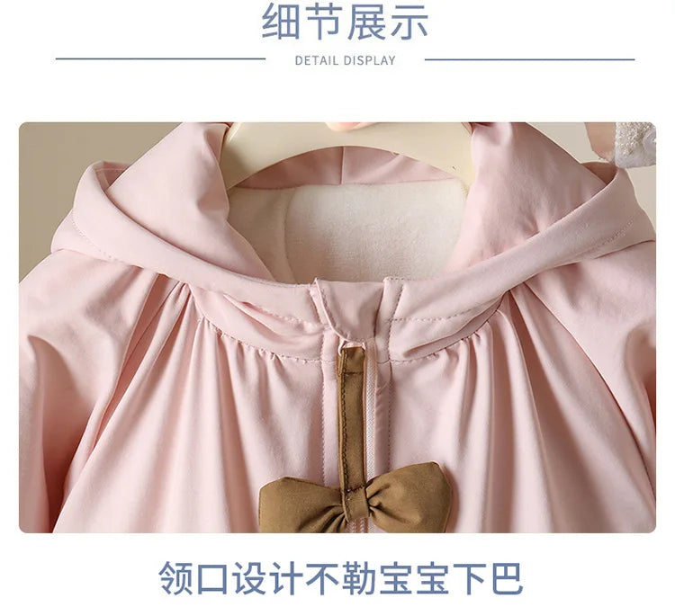 Winter Rompers Baby Girls Clothes Korean Fashion Pink Cute Hooded Bow Warm Thicker Jumpsuit Infant Costume Newborn Items B383