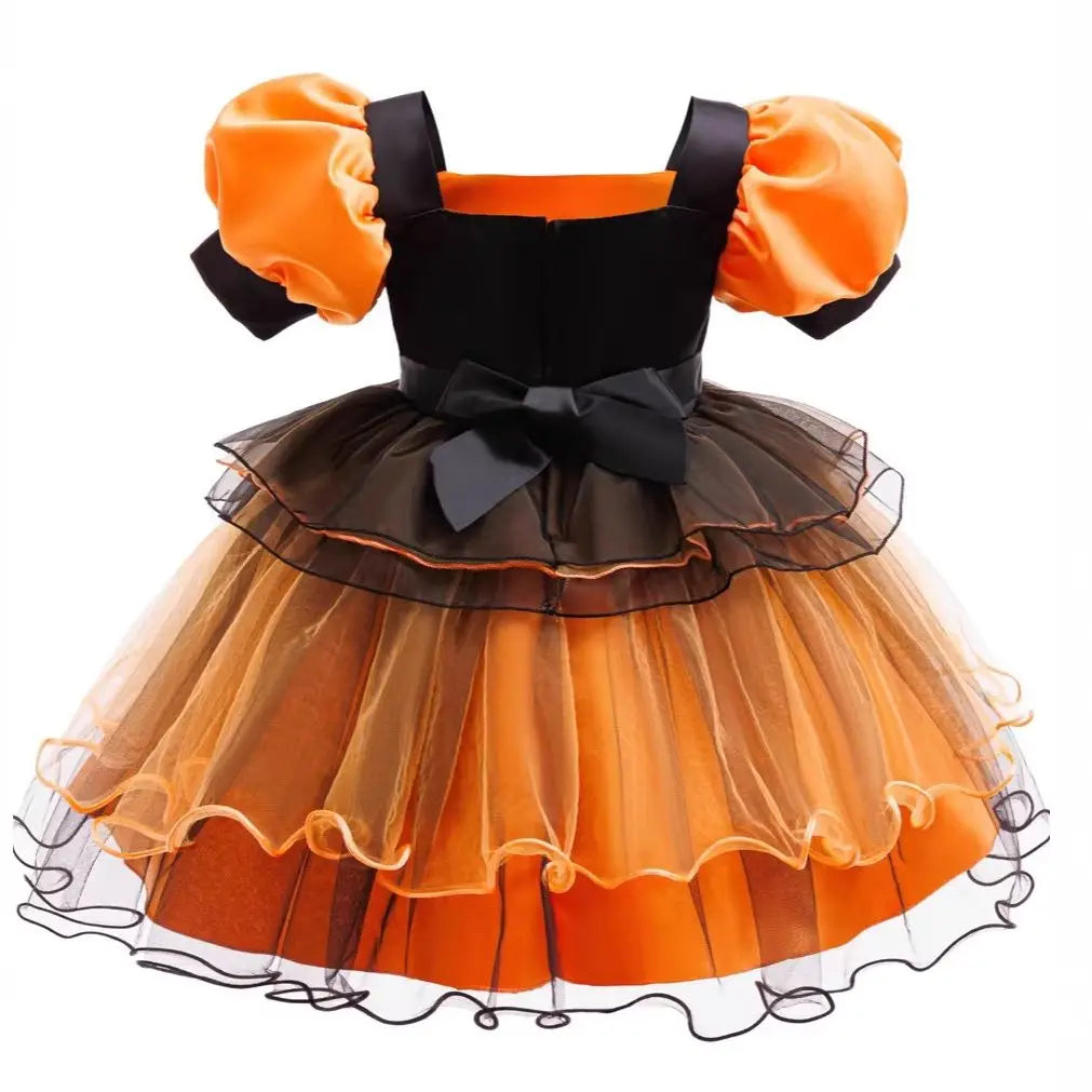 Girls Halloween Witch Costume Puff Sleeve Orange Black Layer Tulle Tutu Dress Kids Pumpkin Cosplay Outfit With Witch Headband Pu