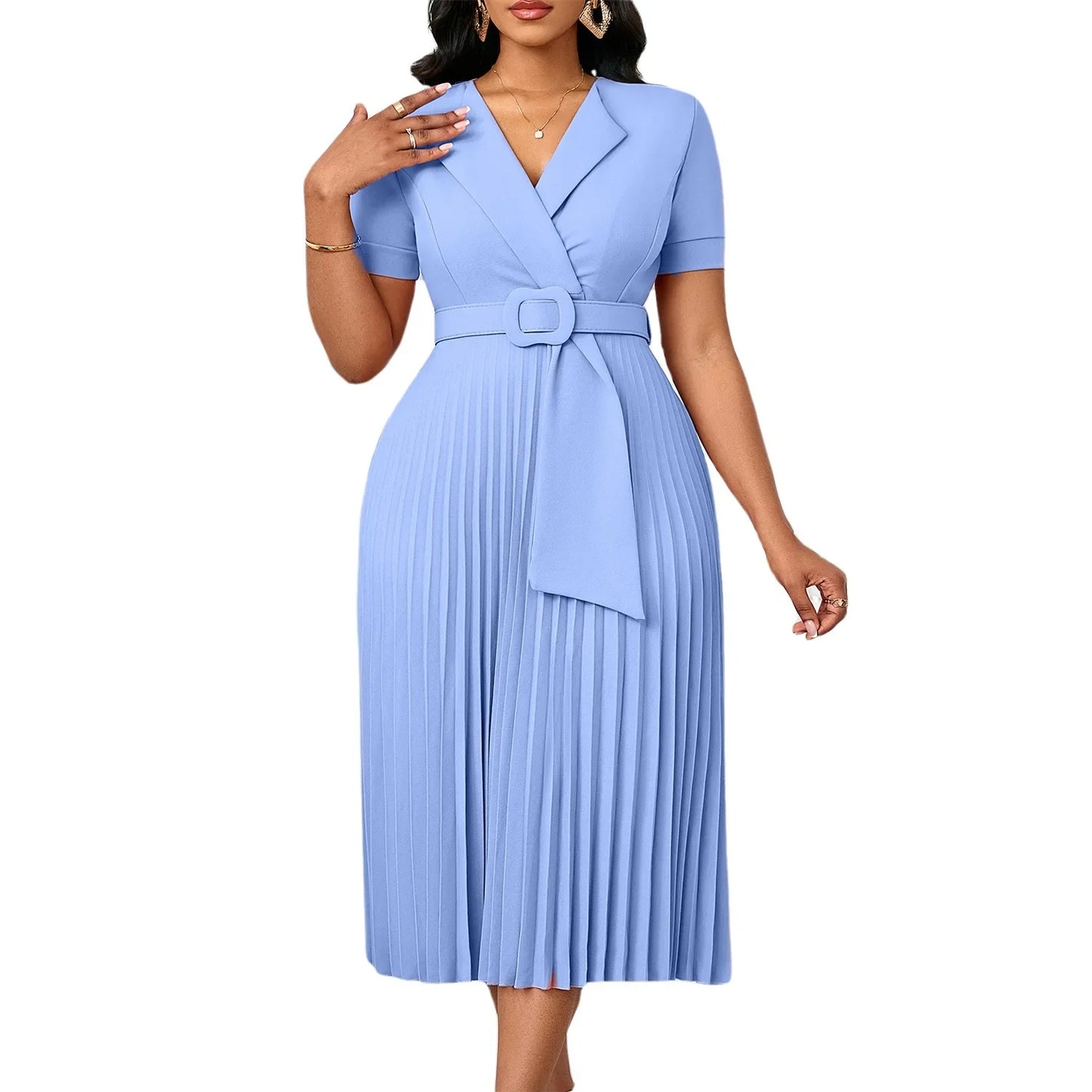 Sexy Short Sleeve V-Neck Elegant African Pleated Dress High Waist Midi Dress Fashionable Atmosphere Casual Elegant Style