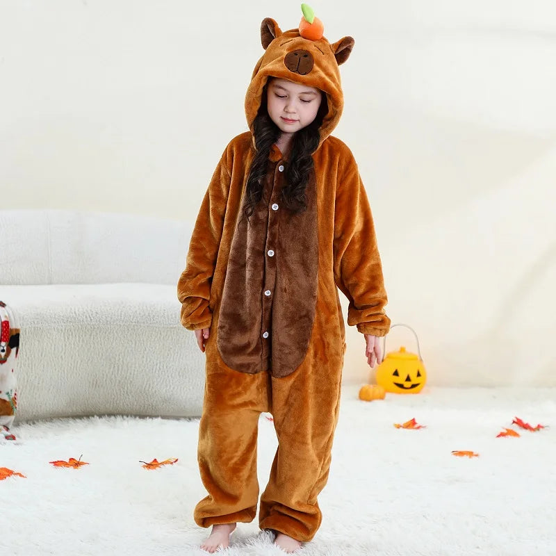 MICHLEY Christmas Capybara Flannel Blanket Sleepers Onesie Hooded Children Costume Clothes Jumpsuit Sleepwear For Boys Girls