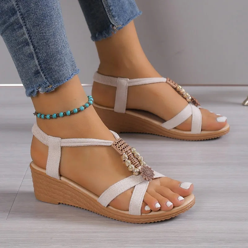 Women's Shoes Wedge Sandals Summer Fashion Round Toe Sandals Comfortable Non Slip Beach Shoes Slip on Open Toe Casual Sandals