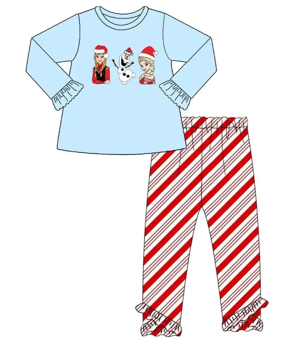 Christmas 3-piece boutique children's suit long-sleeved lace snowman print trousers striped print girl suit baby dress shirt