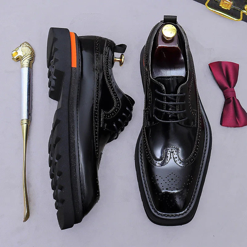 Men's Brogue Platform Oxford Shoes Genuine Leather Thick Sole Formal Dress Shoes for Men Business Casual Lace Up Luxury Oxfords