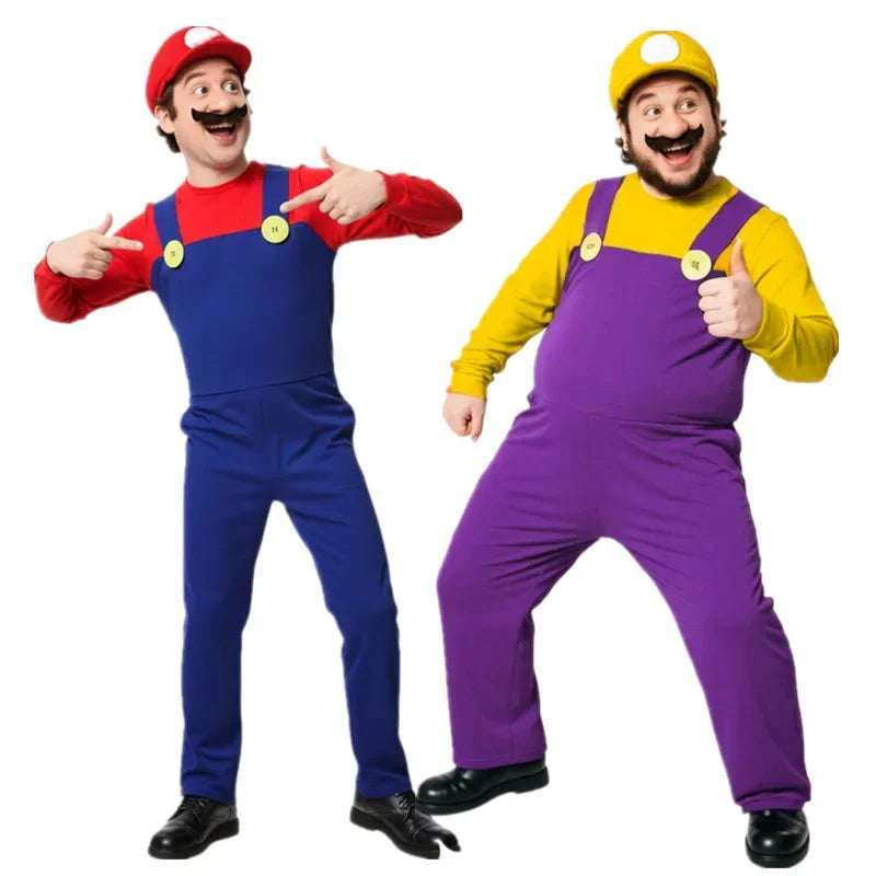 Halloween Men's Plumber Jumpsuit Roleplay Costume (Includes Hat, Gloves, Mustache Accessories) Available in Red, Yellow, Purple