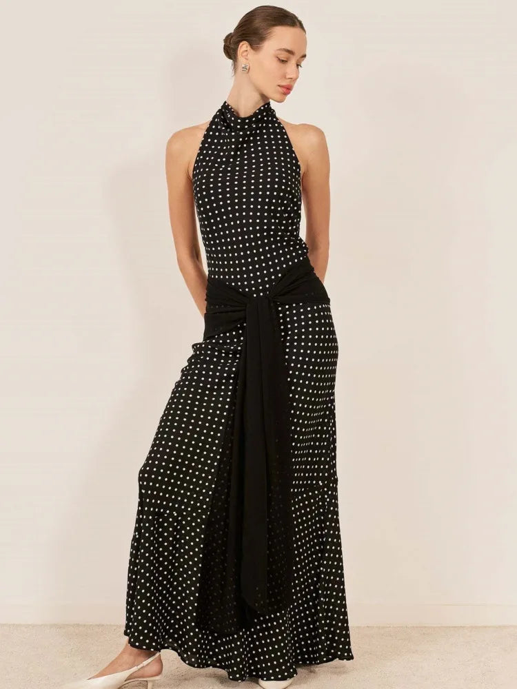Blifanbo Polka Dot Halter Backless Sexy Maxi Dress Women Gown Ribbon Patchwork Off-shoulder Sleeveless Fashion Club Party Dress