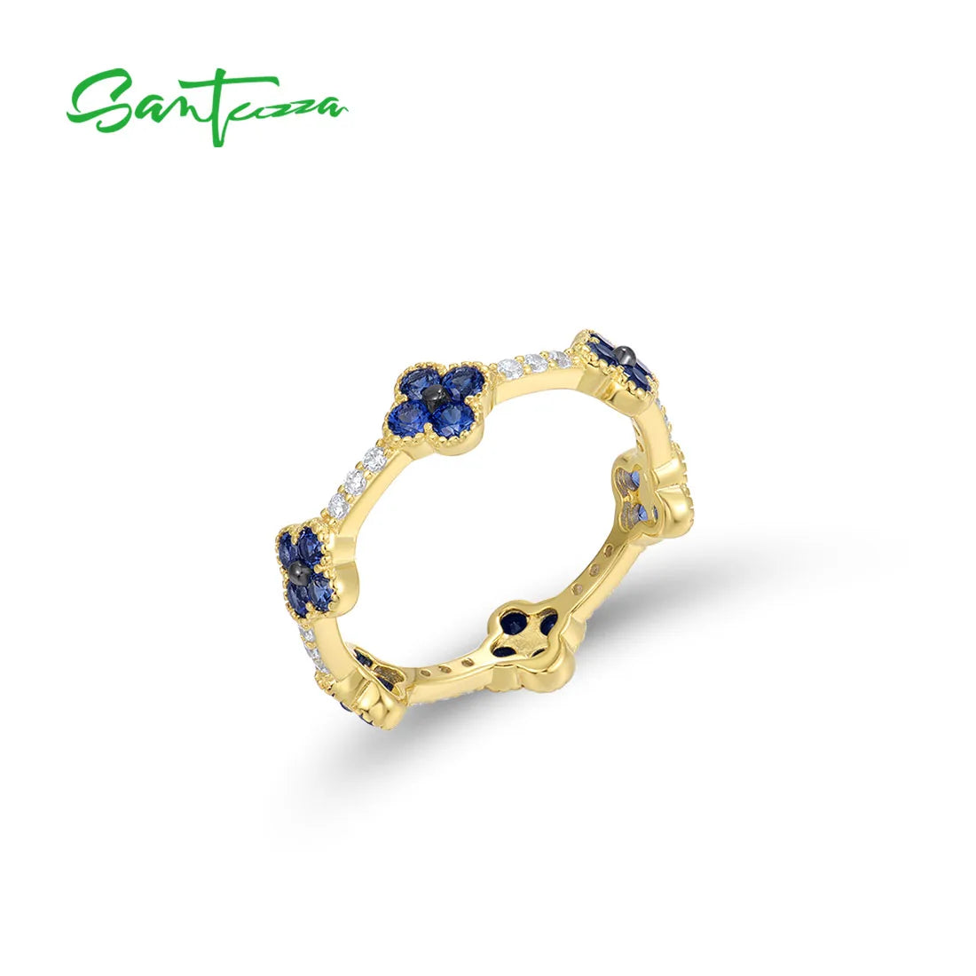 SANTUZZA 925 Sterling Silver Stackable Ring For Women Created Ruby Sapphire White CZ Delicate Flowers Wedding Gifts Fine Jewelry