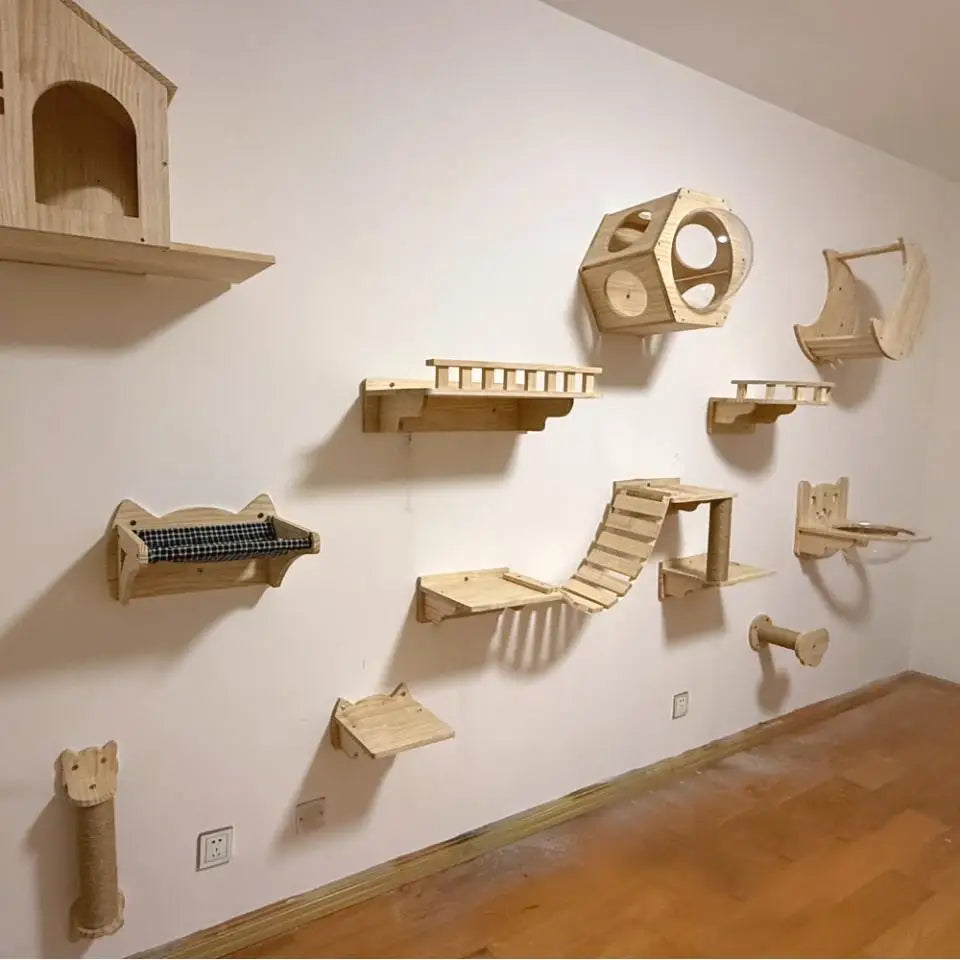 Cat Climbing Shelves Wall Mounted Cat Tree Sisal Scratching Post Cats Hammock House Jumping Platform Rope Ladder Pet Furniture