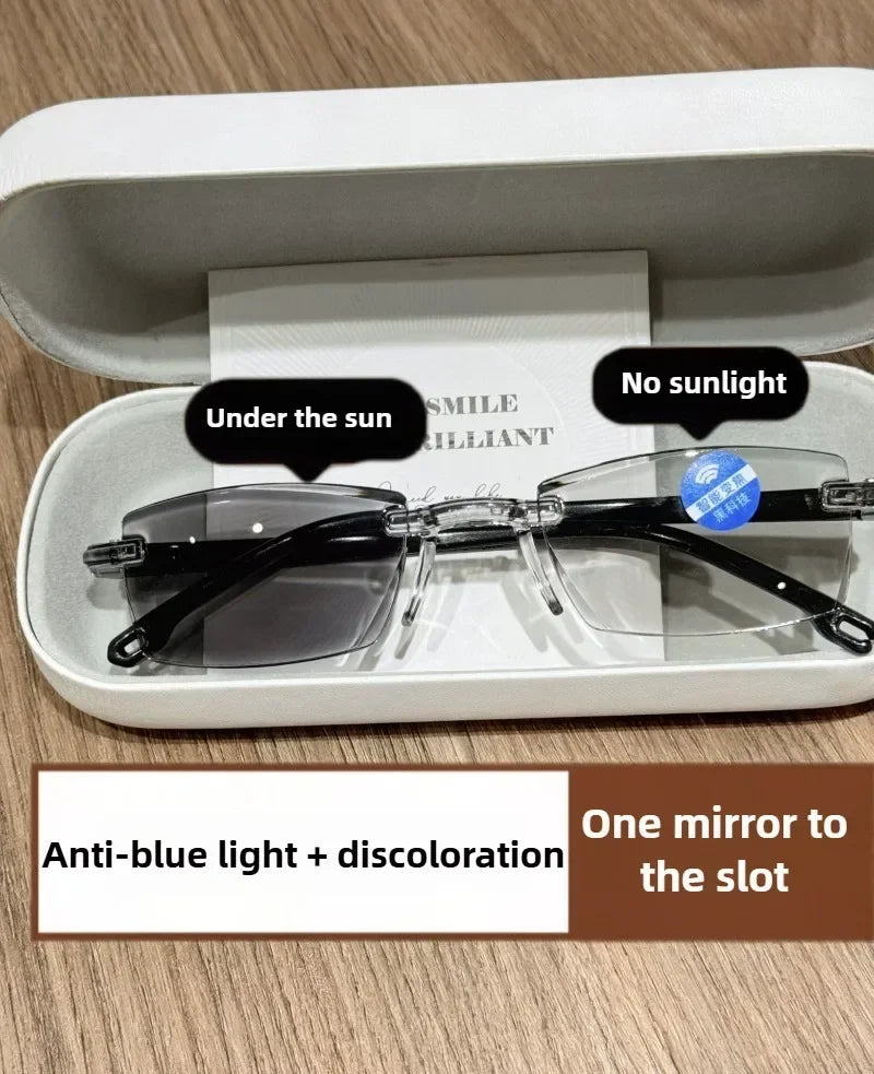Anti Blue Light Reading Glasses HD Photochromic Lightweight Rimless Presbyopic Glasses For Men Women Seniors Business Style New
