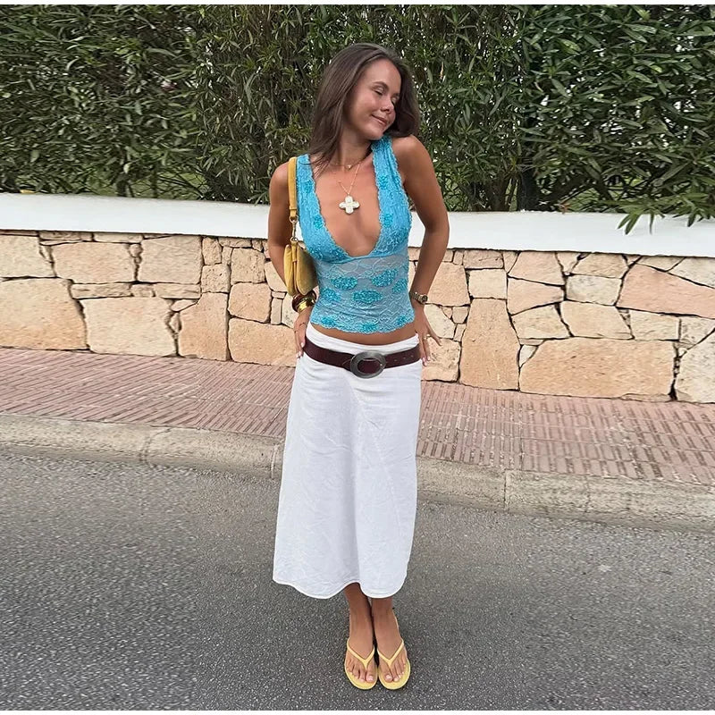 Summer Women 2 Piece Set Deep V Sleeveless Tops + Ribbon Hip Multi Layer Skirt Printed Sexy Suit Seaside Beach Vacation Wear New