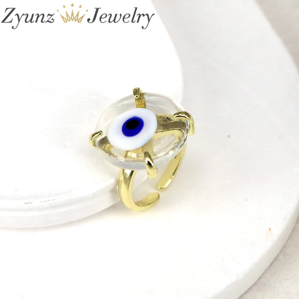 10PCS, Lucky Eye Glass Turkish Evil Eye Ring Adjustable Copper Open Finger Ring for Women Men Fashion Jewelry