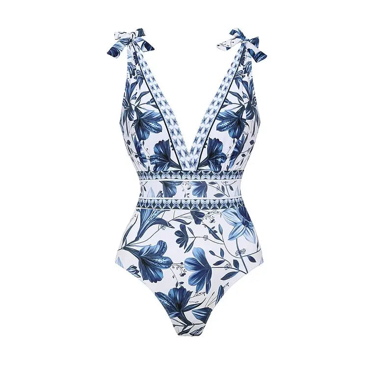Flaxmaker Summer New Women Sexy Hawaiian Lace Up V Neck Ruffle Swimsuit and Sarong Women Swimwear Set Push Up Bathing Suit