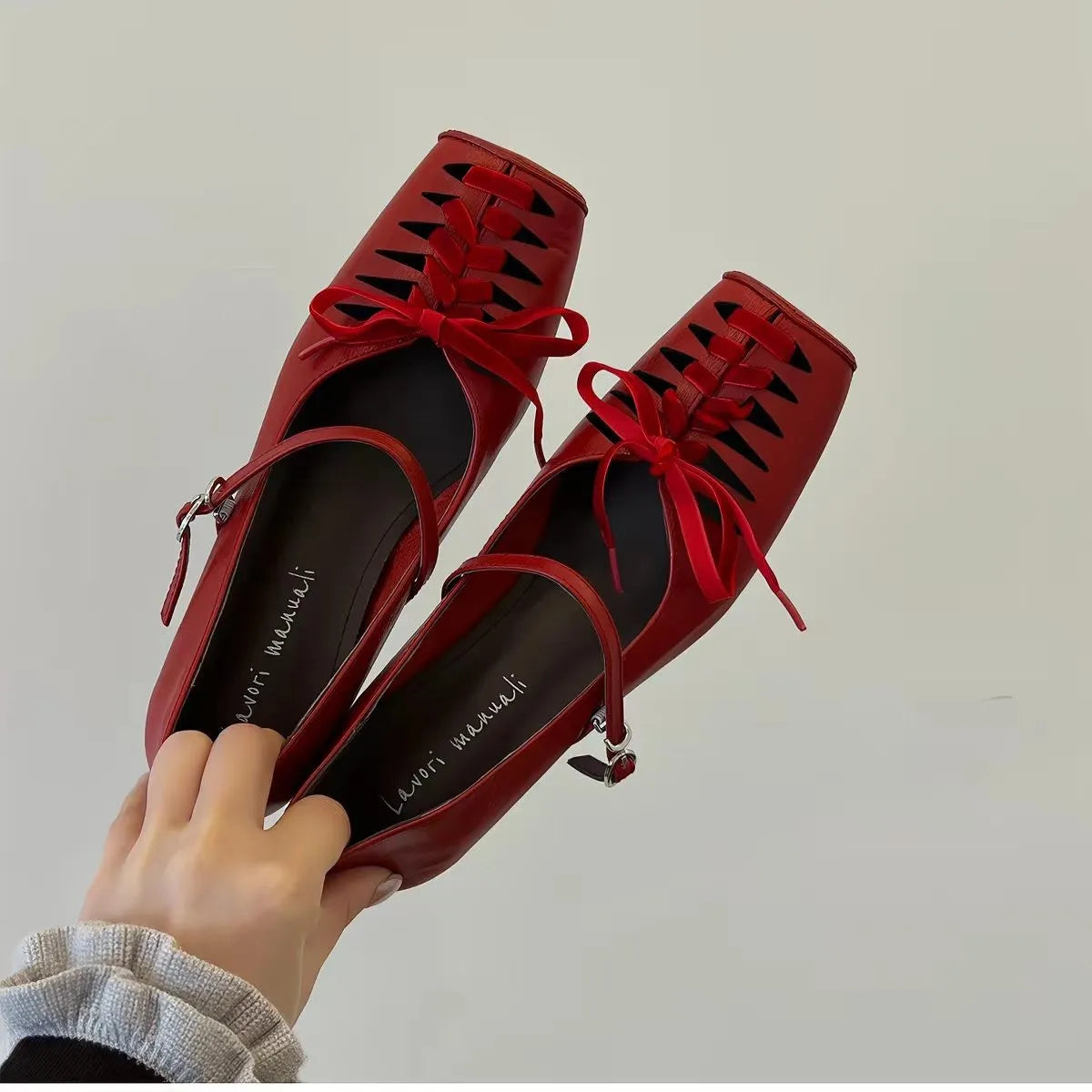 French-style Square-toe Hollow Lace-up Height-increasing Mary Jane Shoes for Women with Single-strap Fashion Shallow-cut Flats