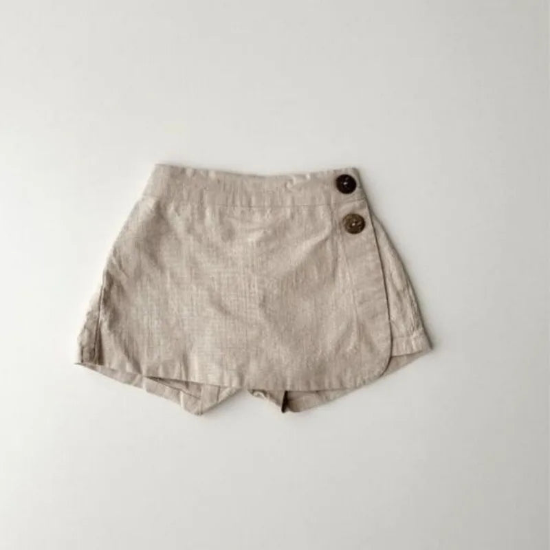 22316 Baby Summer Clothes 2024 Ins New Cotton and Linen Baby Girl's Skirt Short Leisure Crotch Button Mori Hot Pants