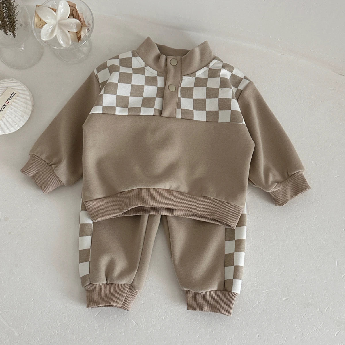 Spring Autumn Baby Boy Checkerboard Stand‑Collar Sweatshirt Set, Infant Khaki Splice Jogger Pants 2‑Pcs Outfit