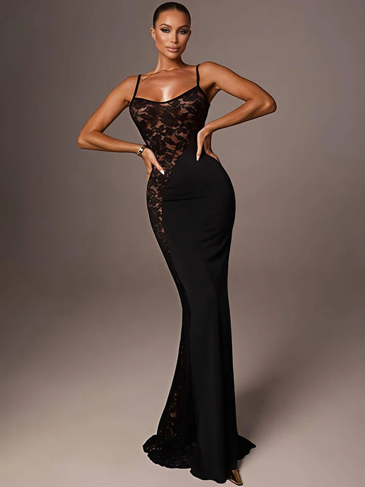 Mozision Spaghetti Strap Lace See Through Sexy Maxi Dress Women Elegant Black Sleeveless Backless Bodycon Club Party Long Dress