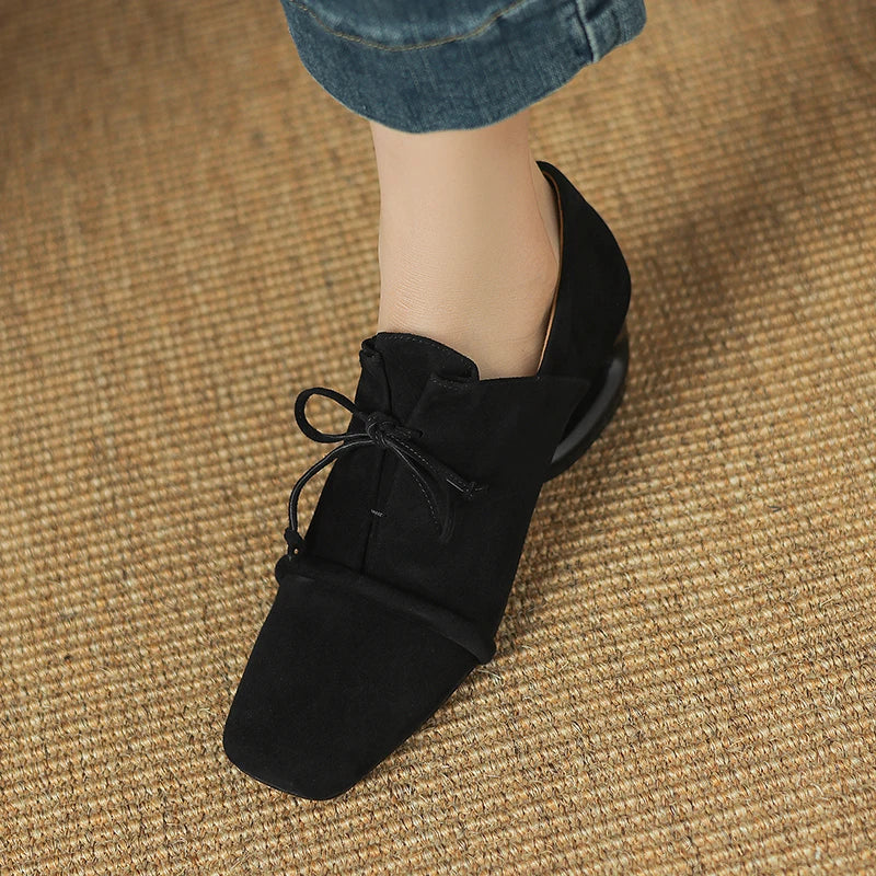 2025 New Women Pumps Sheep Suede Leather Shoes for Square Toe Low Heel Shoes Casual Lace-up Handmade Shoes 34-42 Women Heels