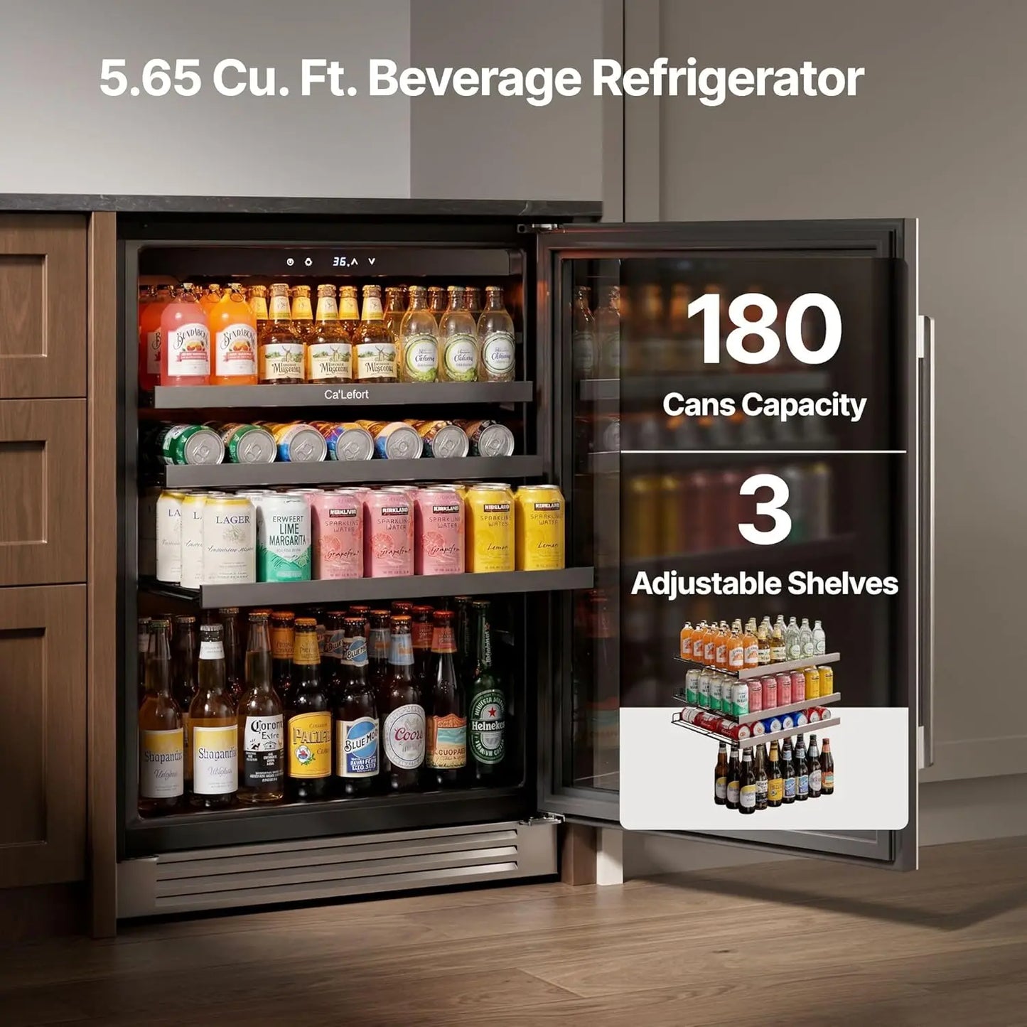 Beverage Refrigerator 24 Inch, 180 Cans Mini Fridge with Double Glass Door, Built-in or Freestanding Drink Cooler with, Custom