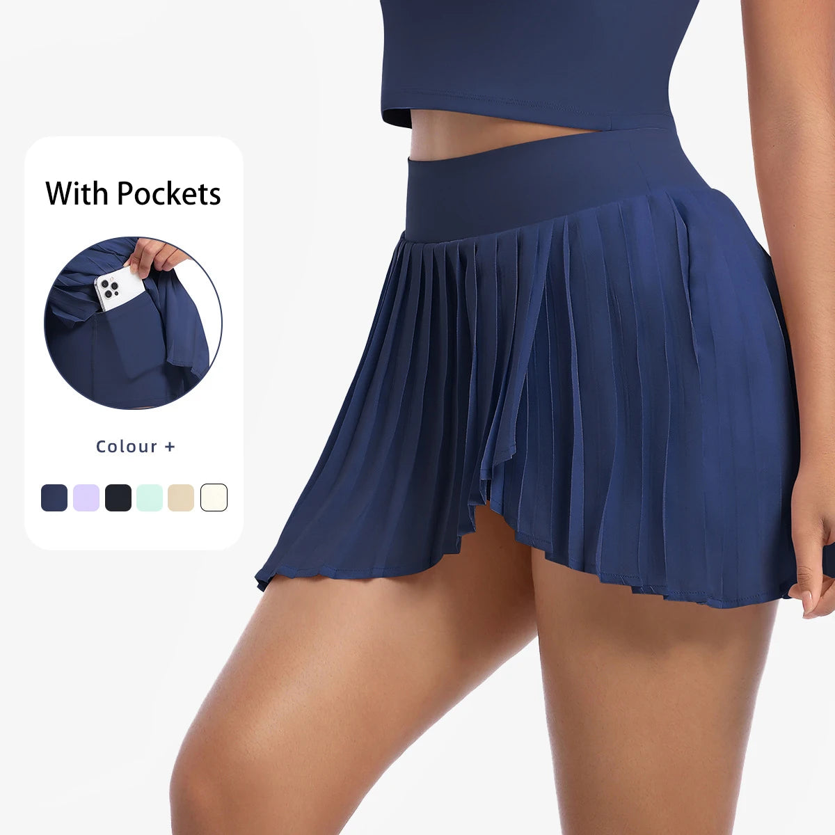 New Pleated Skirt With Pockets Summer Gym Sport Yoga Short Skirt Solid Color Tennis Skirt False Two-piece Sunscreen Tennis Skirt